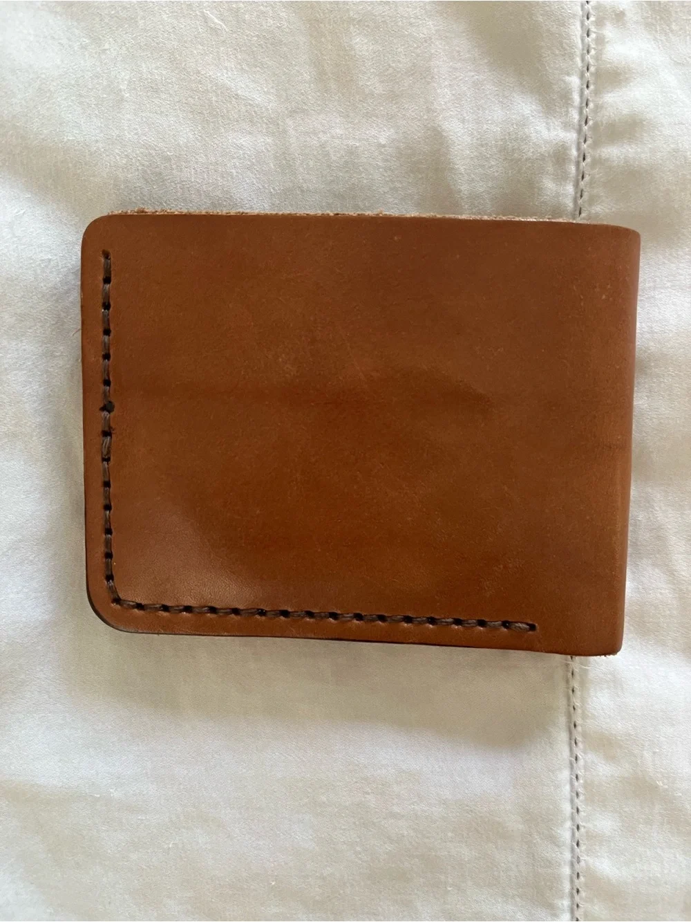 Hand-stitched Tan Leather Money Clip Wallet with Subtle Monogram